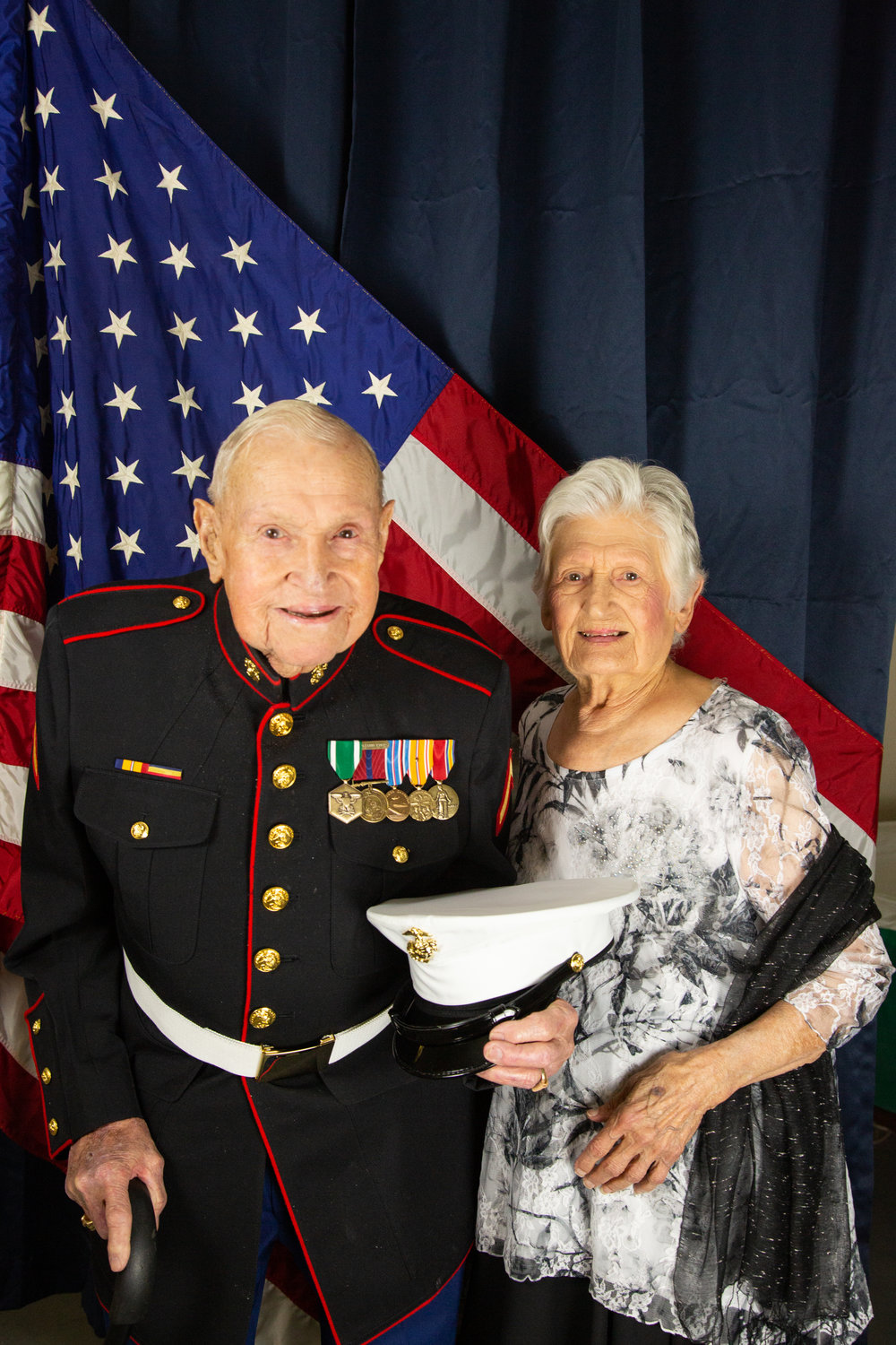 Private First Class James Krodel and his wife Mary Krodel. Krodel fought in Japan during World War Two as part of the 3rd Marine Division. He was nearby when the 5th Marine Division raised the flag on Mount Suribachi during the bloody battle of Iwo Jima.